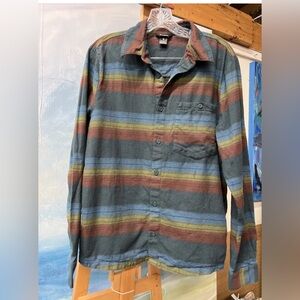 Cotopaxi Men's Small Quedo Flannel Shirt Abyss Stripes Blue Green Brown